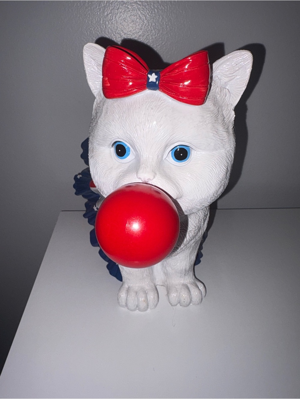 4th of July Cat in Patriotic Skirt Blowing Bubble Gum w Bow